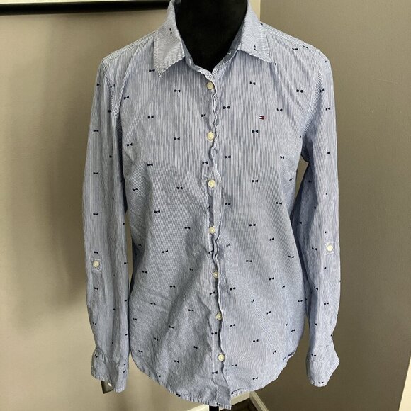 Tommy Hilfiger medium l/s preppy button down‎ with stripes and bow tie print - Picture 1 of 5